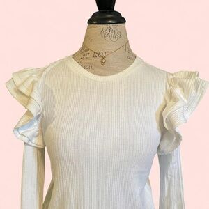 CELEBRITY PINK • Coquette Cream Ruffled/Ribbed Long Sleeve Blouse • SIZE - XL